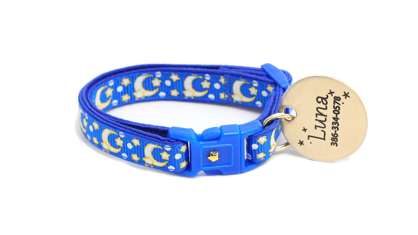Gold Moons and Stars on Sapphire Blue Cat Collar