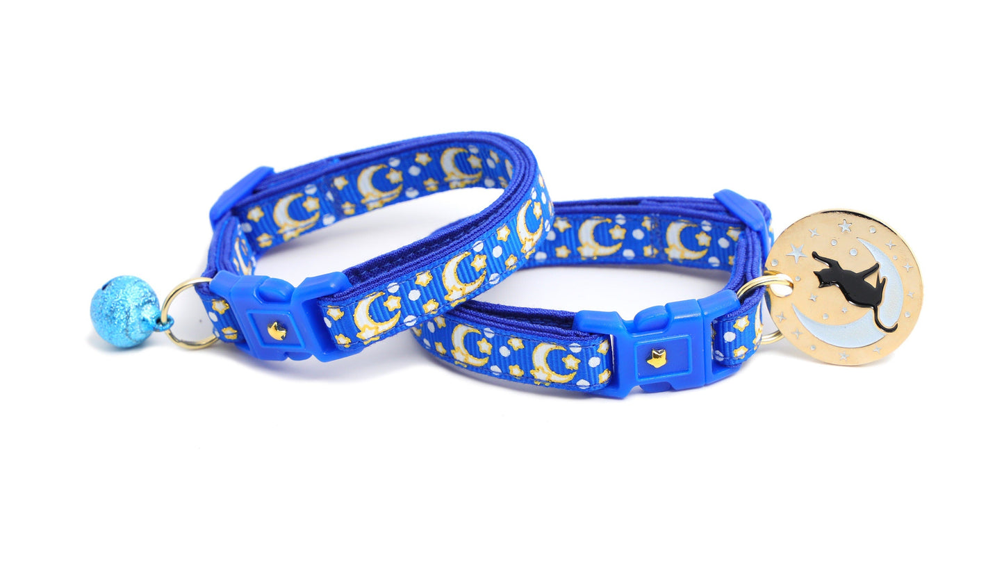 Gold Moons and Stars on Sapphire Blue Cat Collar