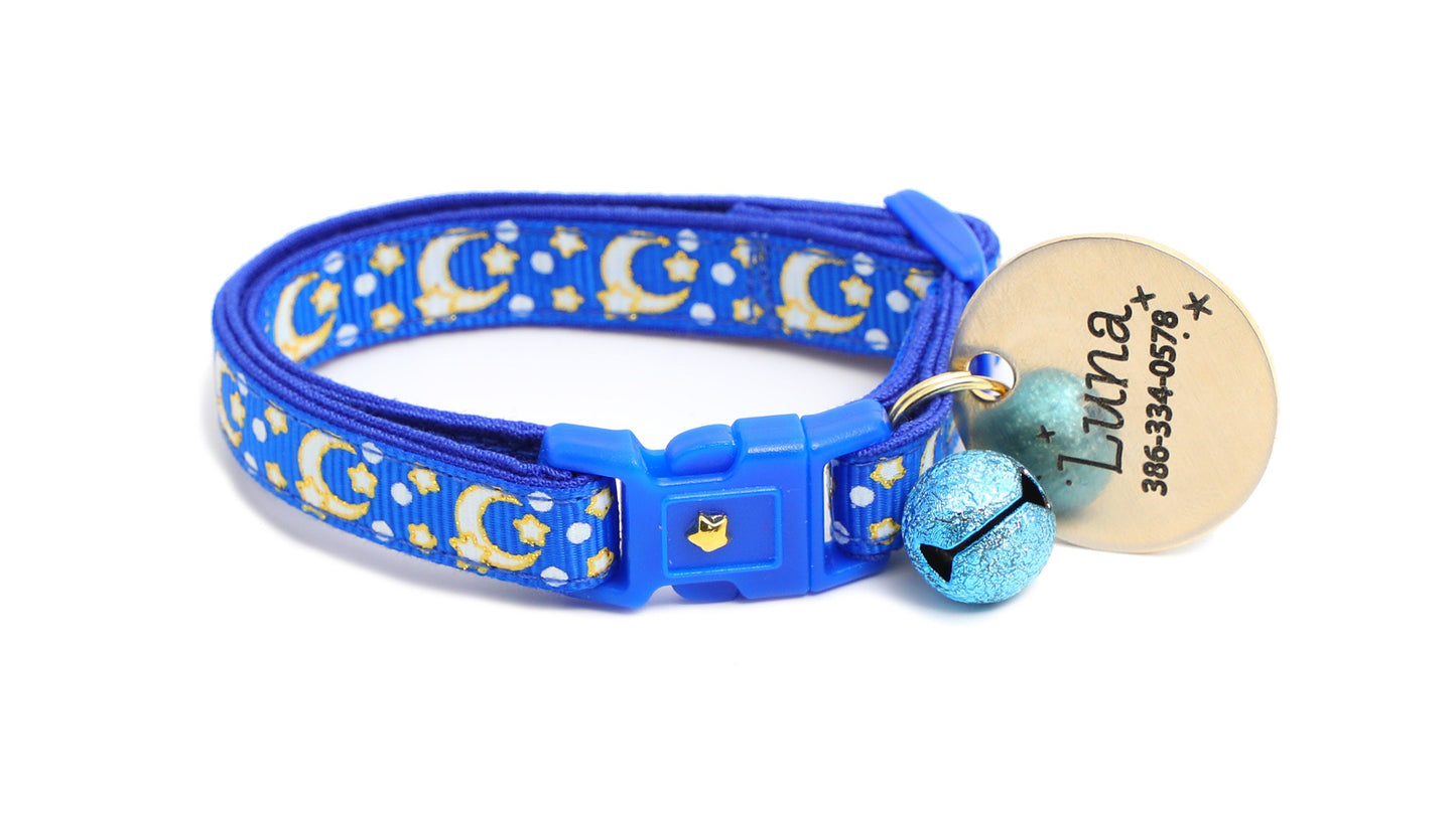 Gold Moons and Stars on Sapphire Blue Cat Collar